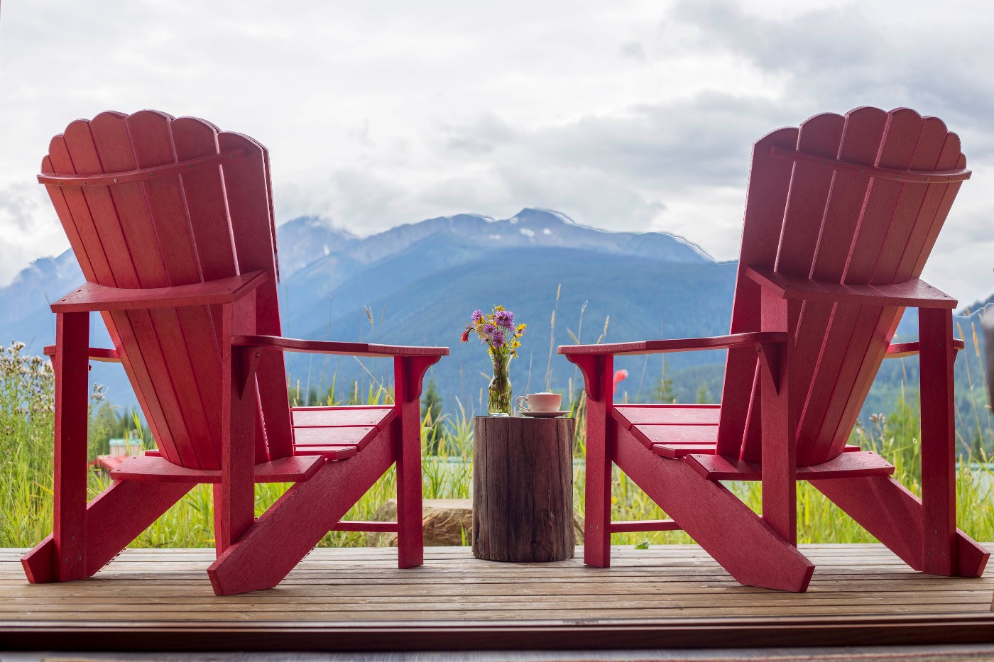Red Chairs at Heather Mountain Lodge Cabin